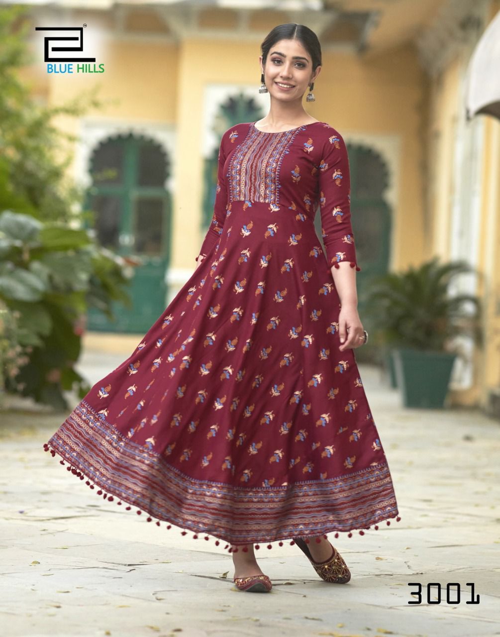 Blue Hills Pom Pom 3 Rayon Printed Ethnic Wear Long Anarkali Kurti Collection